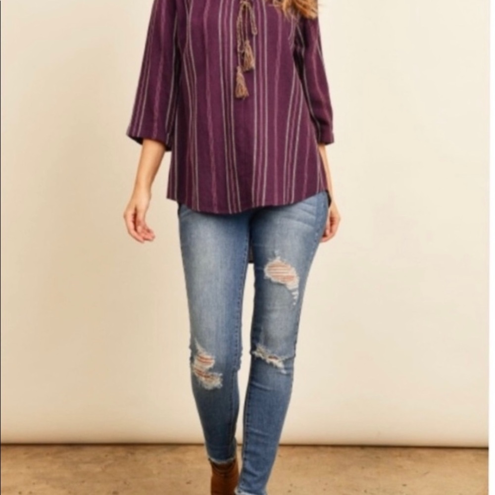 BOHO shirt woven knit TOP variegated stripe jacquard top S TRENDING deep Purple - Picture 12 of 16